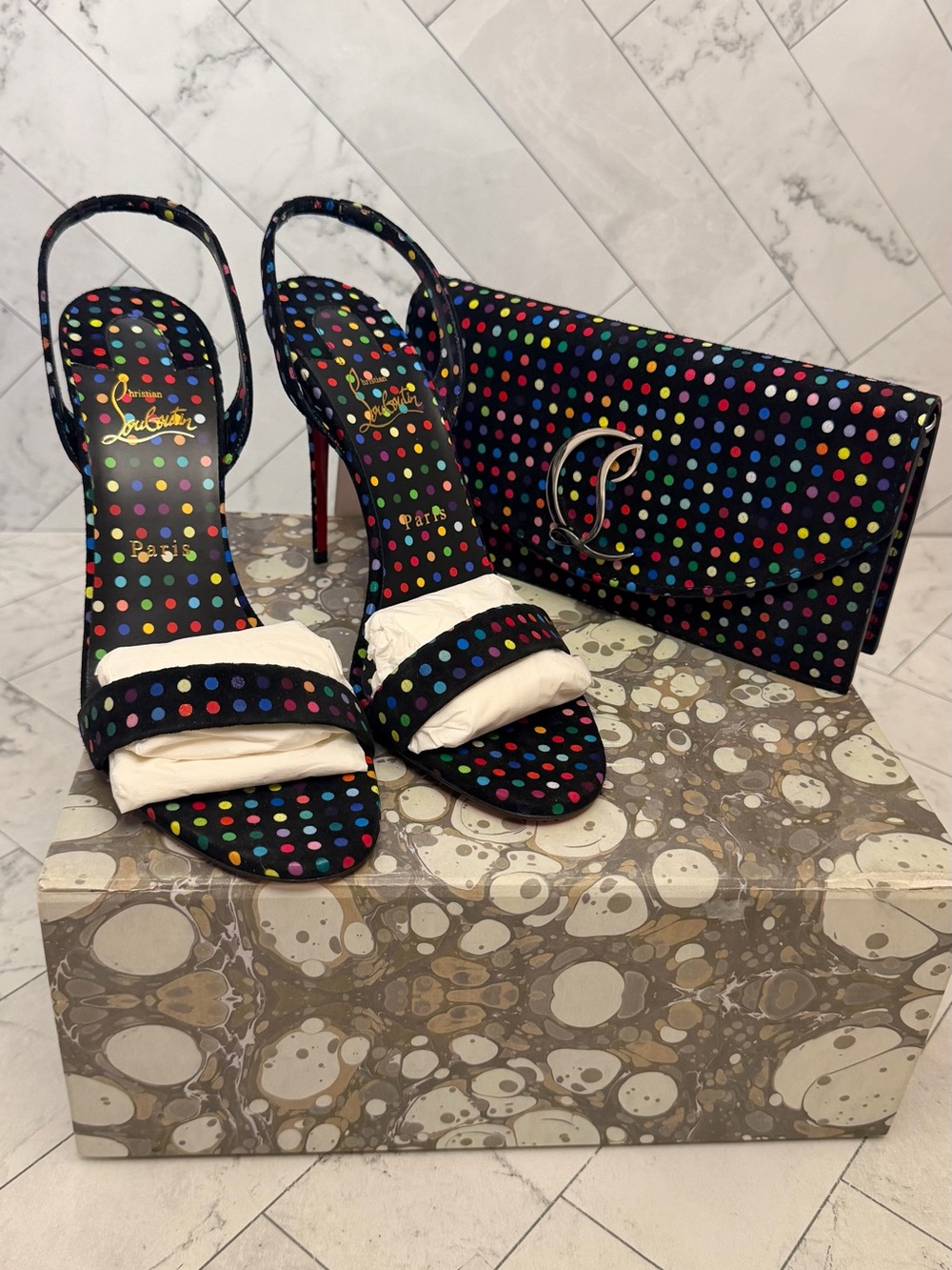 Christian Louboutin O MARYLIN 100 Boum Polka Dot Suede Sandals 💕